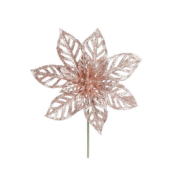 Flor Cabo Curto Vazada Poinsettia Rose Gold Glitter 20cm - 01 unidade - Cromus Natal - Rizzo Embalagens