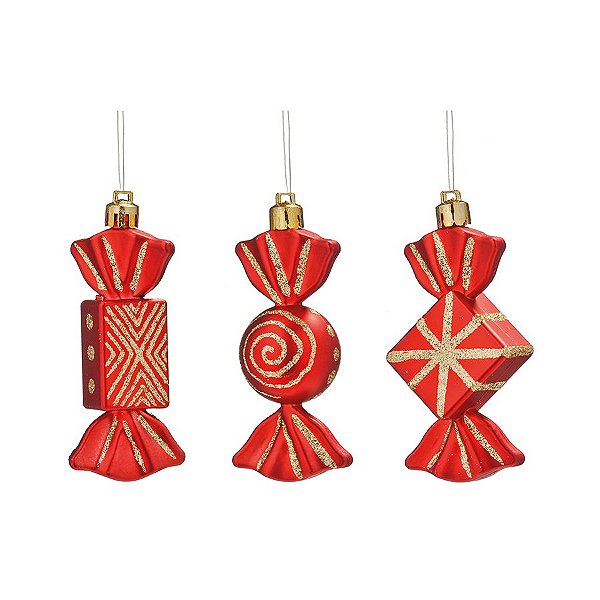 Enfeite para Pendurar Doces Sortidos Vermelho 5cm - 03 unidades - Cromus Natal - Rizzo Embalagens