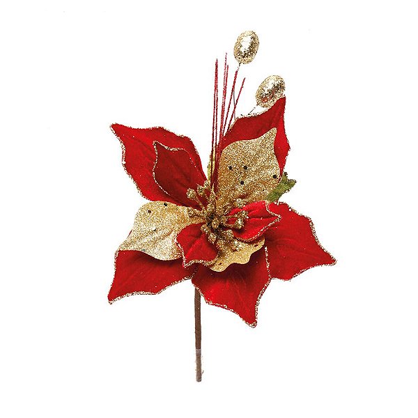 Flor Cabo Curto Poinsettia Vermelho e Folhas Ouro 25cm - 01 unidade - Cromus Natal - Rizzo Embalagens