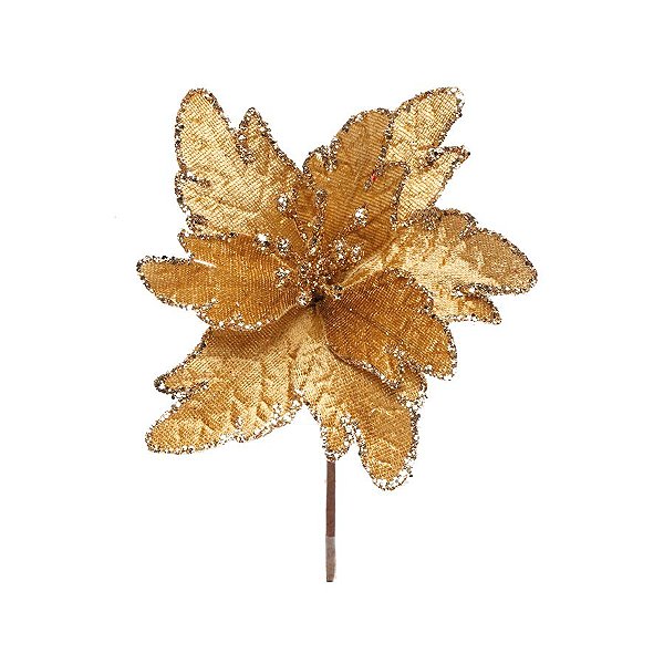 Flor Cabo Curto Poinsettia Ouro Glitter Ouro 15cm - 01 unidade - Cromus Natal - Rizzo Embalagens