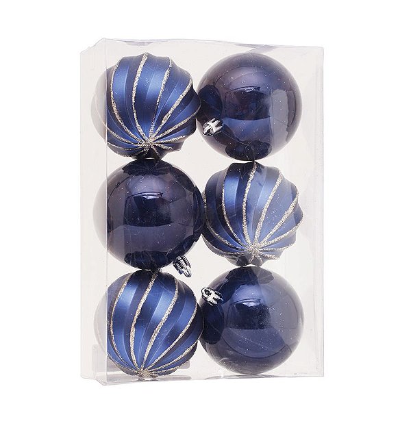 Kit Bolas Gomos Lisa Azul Marinho 8cm - 06 unidades - Cromus Natal - Rizzo Embalagens