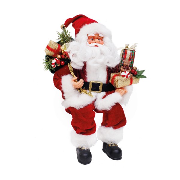 Noel Sentado com Urso Vermelho e Branco 25cm  - 01 unidade - Cromus Natal - Rizzo Embalagens