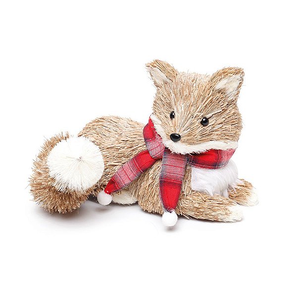 Raposa Crespinha Cachecol Xadrez Bege e Vermelho 25cm - 01 unidade - Cromus Natal - Rizzo Embalagens