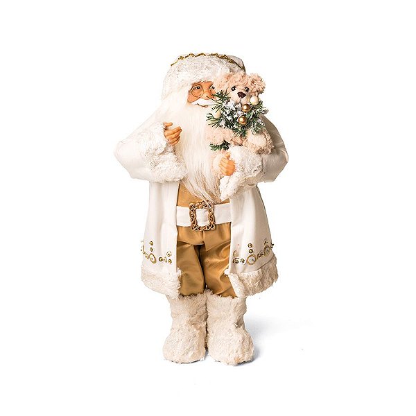 Noel Segurando Urso Branco e Ouro 45cm - 01 unidade - Cromus Natal - Rizzo Embalagens