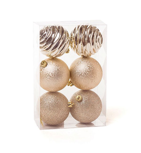 Kit Bola com Glitter Texturizadas Ondas Nude 8cm - 06 unidades - Cromus Natal - Rizzo Embalagens