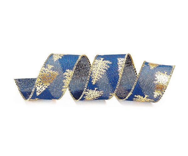 Fita Aramada Azul com Árvores Ouro 6,3cm x 9,14m - 01 unidade - Cromus Natal - Rizzo Embalagens