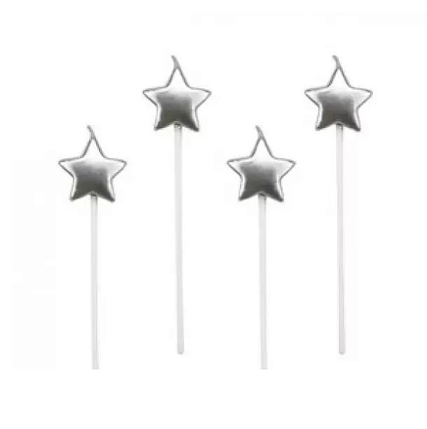 Velas estrelas prata - 4 un -  14 cm - Silver Festas