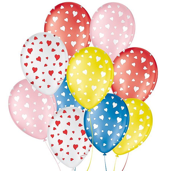 Balão de Festa Decorado Coração - Sortido 9" 23cm - 25 Unidades - São Roque - Rizzo Balões