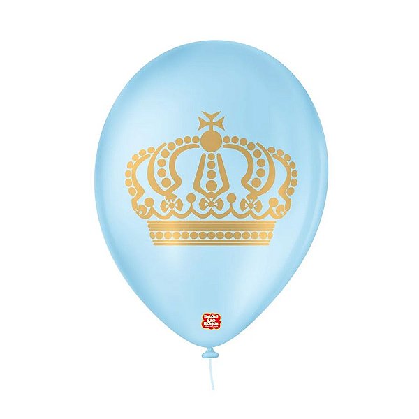 Balão de Festa Decorado Coroa - Azul Baby e Dourado 9" 23cm - 25 Unidades - São Roque - Rizzo Balões