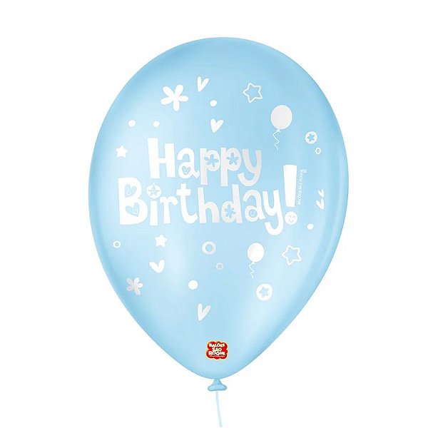 Balão de Festa Decorado Happy Birthday - Azul Baby 9" 23cm - 25 Unidades - São Roque - Rizzo Balões