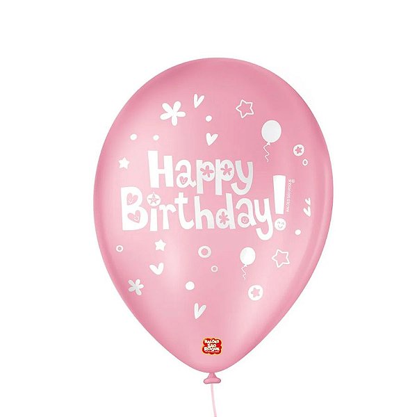 Balão de Festa Decorado Happy Birthday - Rosa Tutti Frutti9" 23cm - 25 Unidades - São Roque - Rizzo Balões
