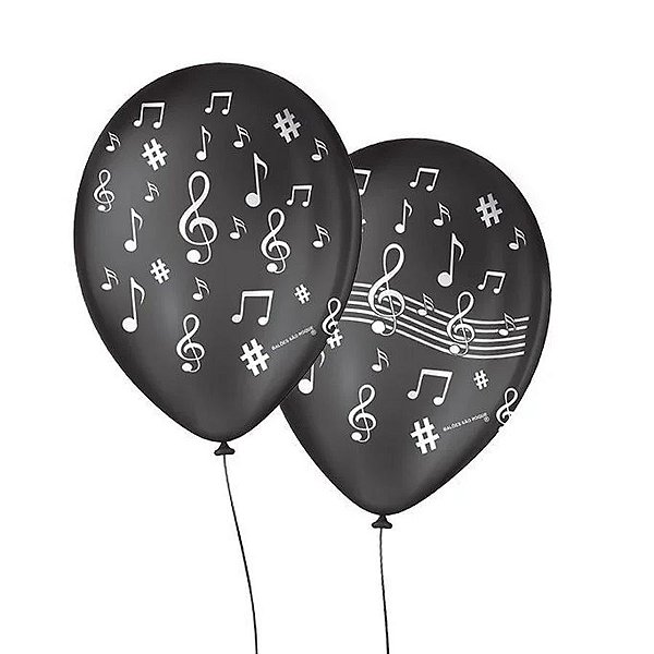 Balão de Festa Decorado Notas Musicais - Preto e Branco 9" 23cm - 25 Unidades - São Roque - Rizzo Balões