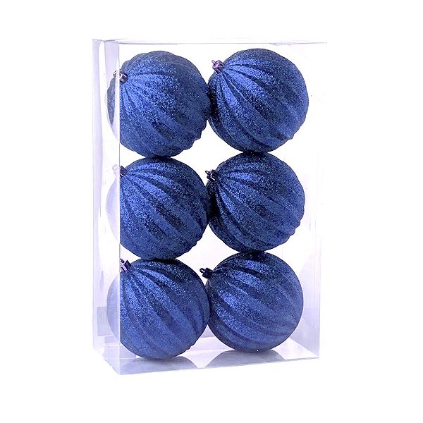 Kit Bolas Listras Azul 8cm - 06 unidades - Cromus Natal - Rizzo Embalagens