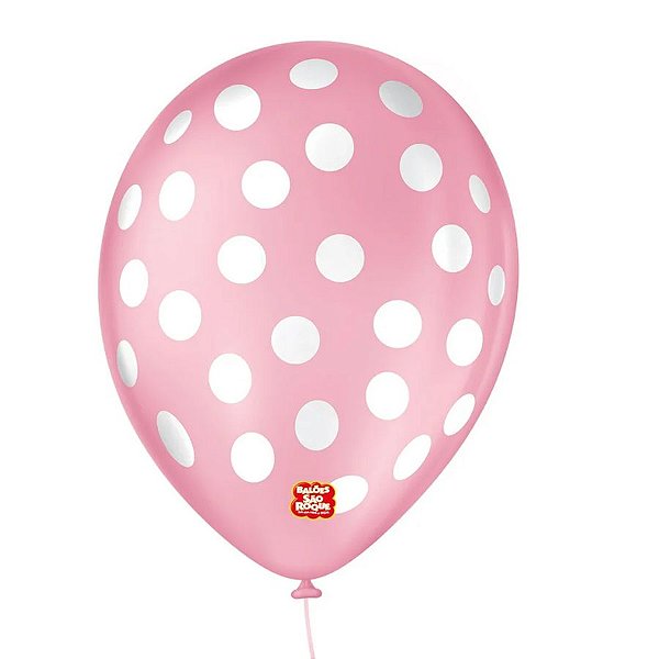 Balão de Festa Decorado Poá Bolinha - Rosa Baby e Branco 9" 23cm - 25 Unidades - São Roque - Rizzo Balões