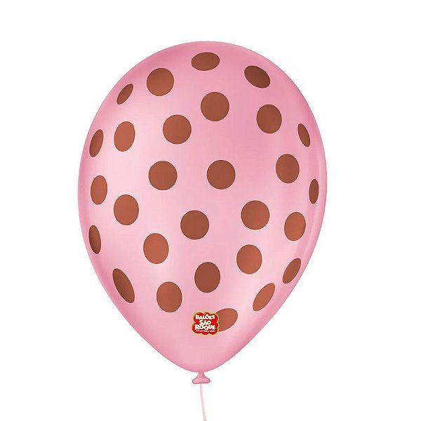 Balão de Festa Decorado Poá Bolinha - Rosa Tutti Frutti e Marrom 9" 23cm - 25 Unidades - São Roque - Rizzo Balões