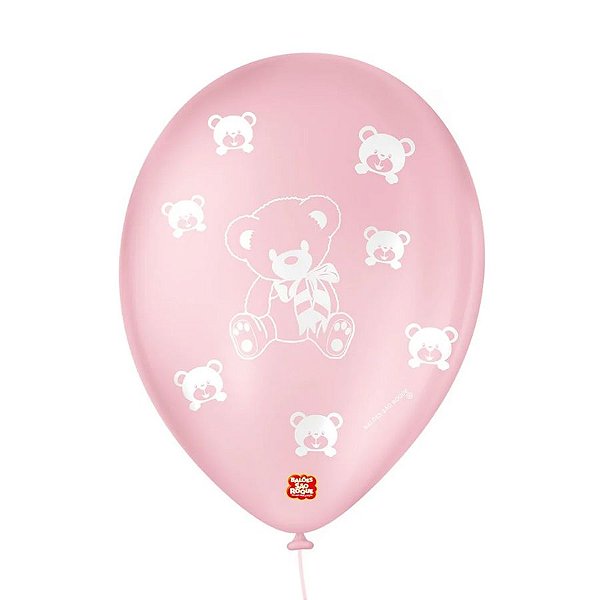 Balão de Festa Decorado Ursinho - Rosa Baby e Branco 9" 23cm - 25 Unidades - São Roque - Rizzo Balões