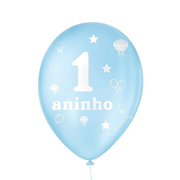 Balão de Festa Decorado 1 Aninho - Azul Baby e Branco Polar - Balões São Roque - Rizzo