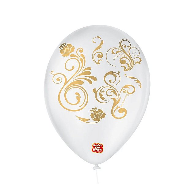 Balão de Festa Decorado Arabesco - Branco Polar e Dourado - Balões São Roque - Rizzo