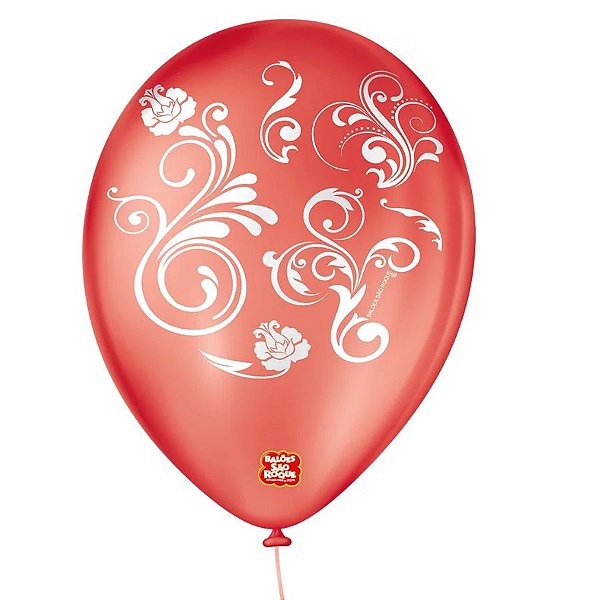 Balão de Festa Decorado Arabesco - Vermelho Quente e Branco Polar - Balões São Roque - Rizzo