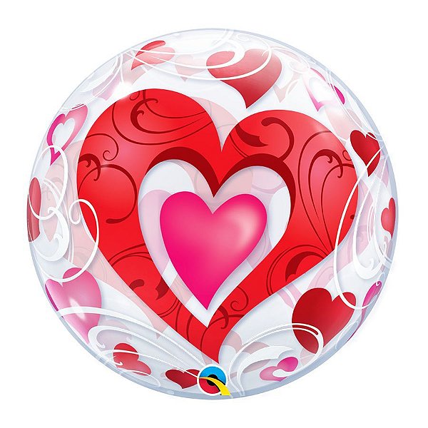 Balão de Festa Bubble 22" 56cm - Corações Vermelhos e Fligrana - 01 Unidade - Qualatex - Rizzo Embalagens
