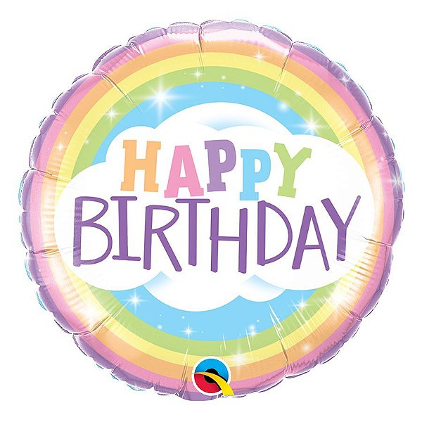 Balão de Festa Microfoil 18" 45cm - Happy Birthday Arco-Íris - 01 Unidade - Qualatex - Rizzo Embalagens
