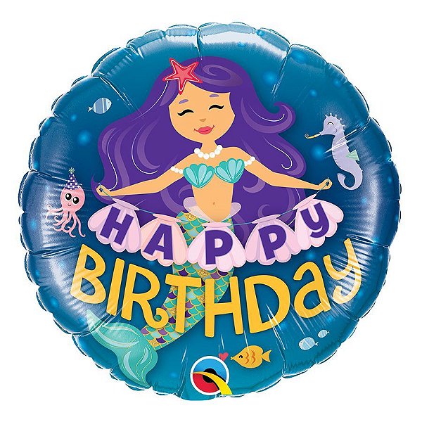 Balão de Festa Microfoil 18" 45cm - Happy Birthday Sereia - 01 Unidade - Qualatex - Rizzo Embalagens
