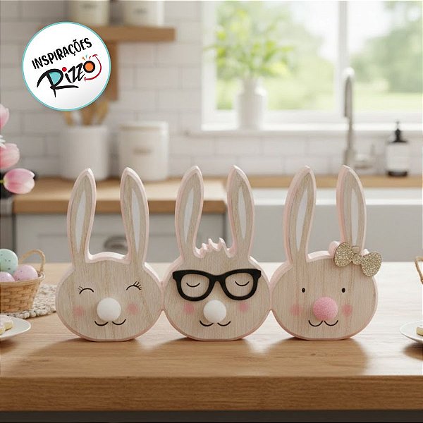Carinha de Coelhos em Madeira Natural Rosa - 23x12x2cm - Cromus Páscoa