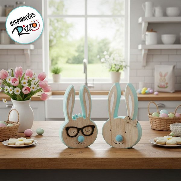 Carinha de Coelhos em Madeira Natural Azul - P 15x10x2cm - Linha Fun - Cromus Páscoa - Rizzo Embalagens