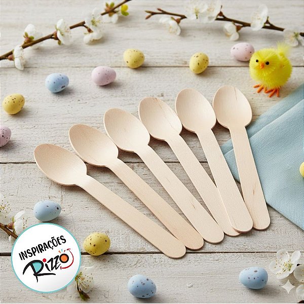 Colher de Madeira Lisa G - 16cm - 12 unidades - Artlille - Rizzo Embalagens