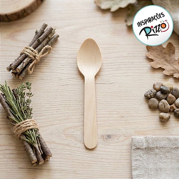 Colher de Madeira Lisa PP - 9,5cm - 12 unidades - Artlille - Rizzo Embalagens