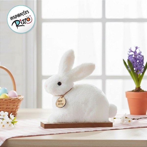 Silhueta Coelho Deitado de Pelúcia Branco com Base MDF - 01 unidade - Cromus Páscoa - Rizzo Embalagens