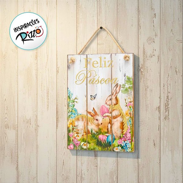 Placa Decorativa em MDF Coelhos Feliz Páscoa - 01 unidade - Cromus Páscoa - Rizzo Embalagens