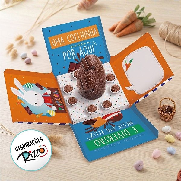 Caixa Surpresa para Ovo em Pé 350g e Brigadeiros - Brilho de Páscoa Azul 18,5x18,5x18,5cm - 1 unidade - Cromus Páscoa