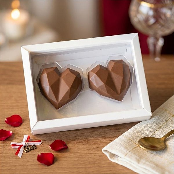 Caixa Coração Lapidado de 70 à 100gr 2 Cavidades - Branco - 05 unidades - Crystal - Rizzo Embalagens