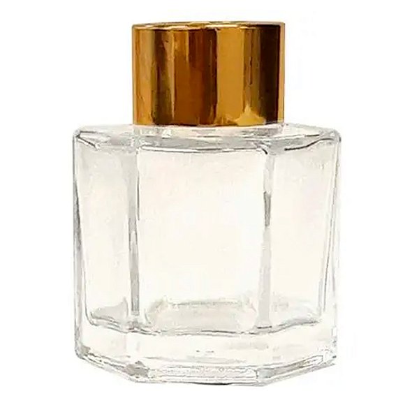 Potinho de Vidro Decorativo Sextavado com Tampa Difusora de Metal Dourada - 60ml