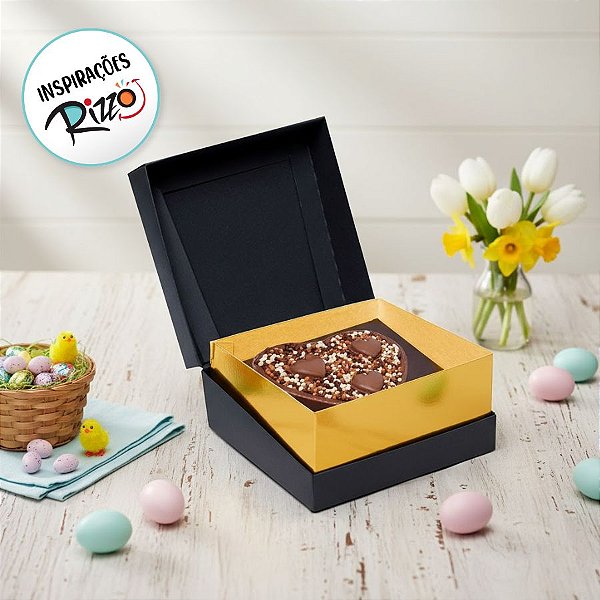 Caixa Specialla para Meio Ovo Coração 200g 13x13x6,5cm Ouro e Preto - 06 unidades - Cromus Páscoa - Rizzo Embalagens
