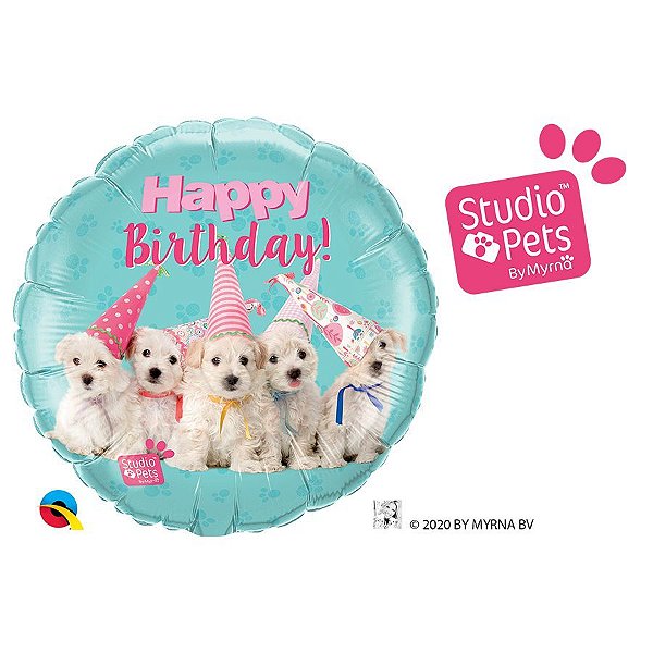 Balão de Festa Microfoil 18" Redondo - Birthday Cachorros Studio Pets - 01 Uni - Qualatex - Rizzo Balões