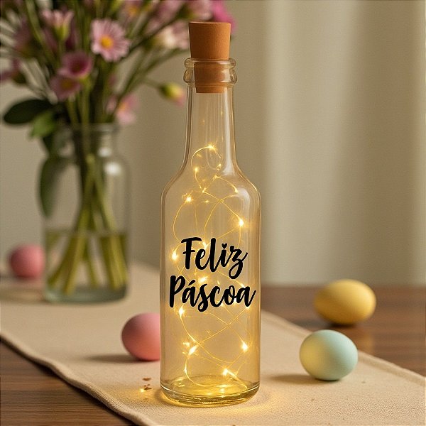 Garrafa Long Neck de Vidro com Rolha LED - Feliz Páscoa - 01 unidade - Rizzo Embalagens