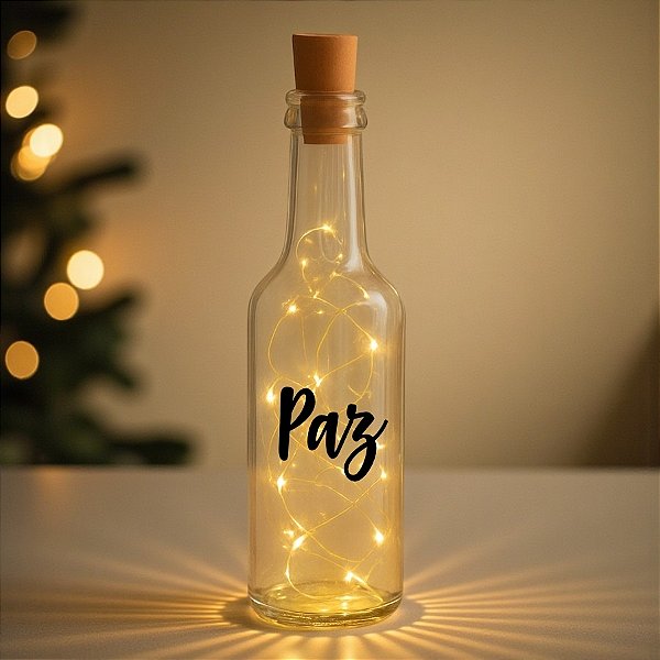 Garrafa Long Neck de Vidro com Rolha LED - Paz - 01 unidade - Rizzo Embalagens