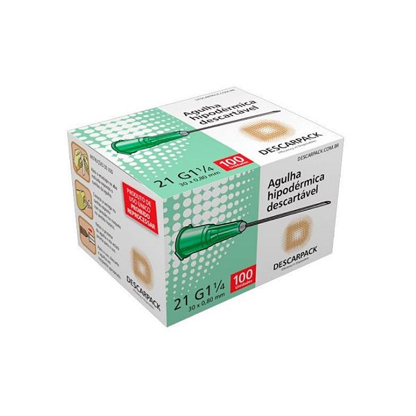 Descarpack Agulha Hipodérmica Descartável Verde 30x0,8mm (21G 1 1/4) com 100un