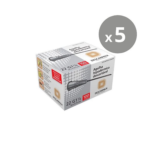 Descarpack Agulha Hipodérmica Descartável Cinza 30x0,7mm (22G 1 1/4) com 100un - Kit 5un