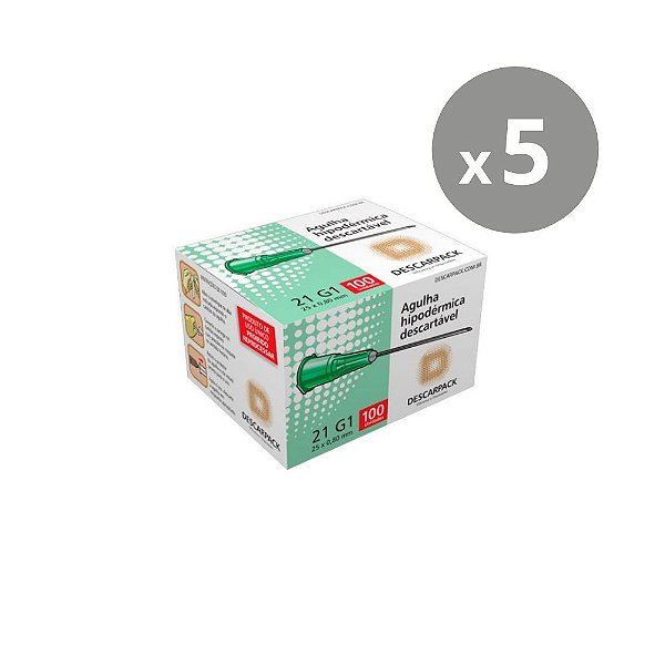 Descarpack Agulha Hipodérmica Descartável Verde 25x0,8mm (21G 1) com 100un - Kit 5un