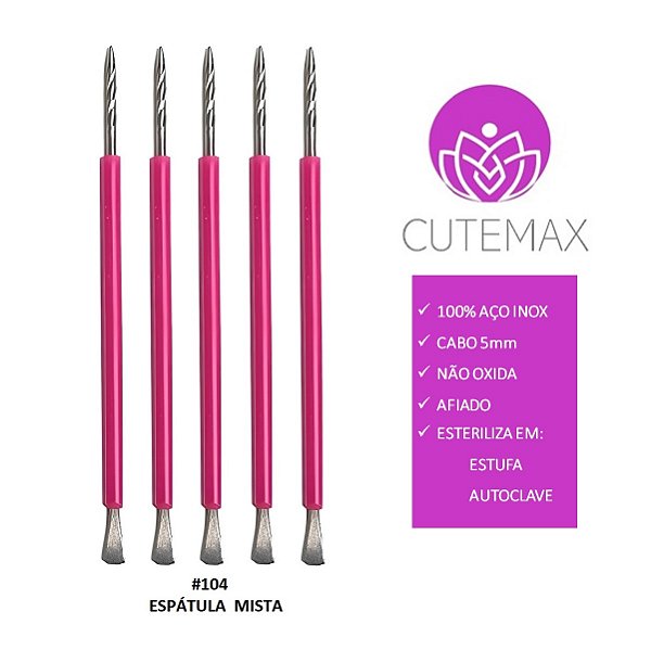 Kit 05 Espátulas Cutemax Bastão Mista Unha Inox Silicone Cutelaria Manicure Podologia