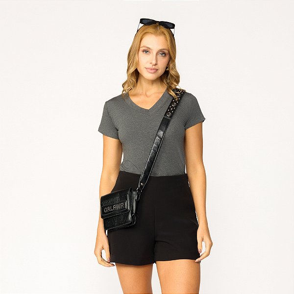 Blusa Feminina Gola V Manga Curta em Algodão