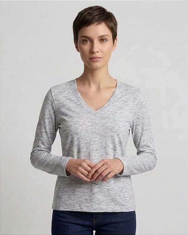 Blusa Feminina Manga Longa em Algodão Decote V