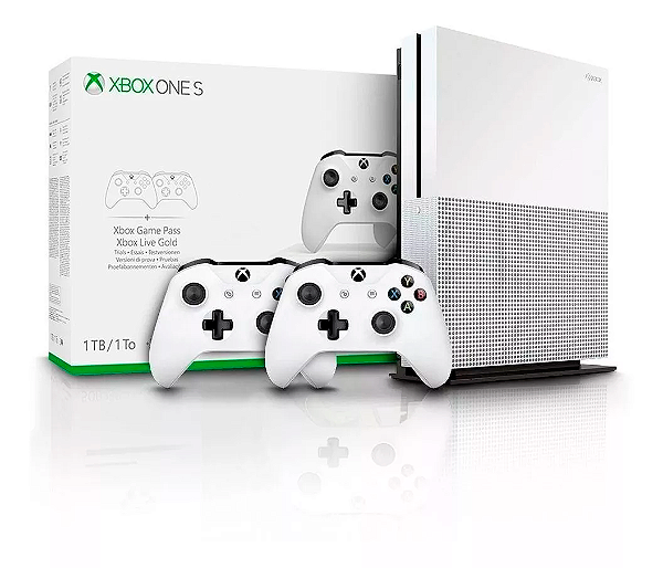 Microsoft Xbox One S de 1TB em branco, com dois controles sem fio inclusos