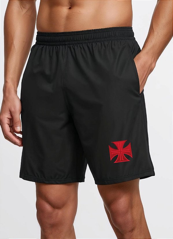 SHORT MASCULINO PRETO DRY FIT ACADEMIA COM BOLSO - VASCO