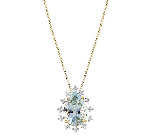 Corrente Gargantilha Com Pingente de Água Marinha e Diamantes em Ouro 18K