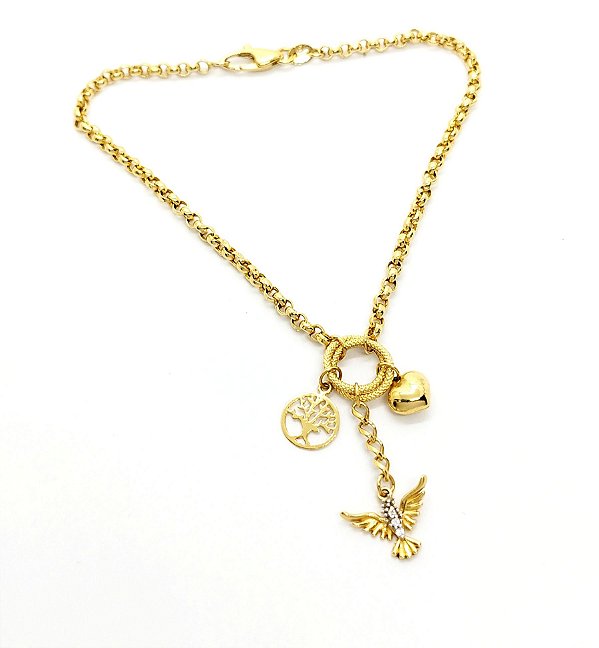 Pulseira Feminina Elo Português Com Berloque Espírito Santo Coração e Árvore da Vida Ouro 18K