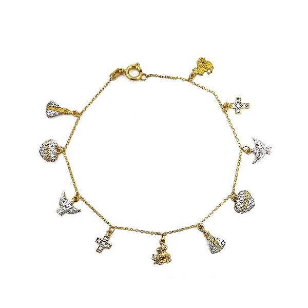 Pulseira Feminina Em Ouro 18k Com Berloques Religiosos